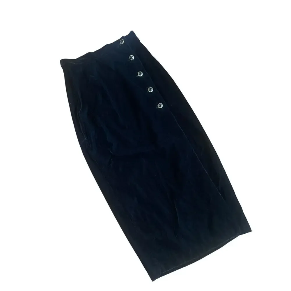 Vintage 90's CONTEMPO Casuals Velvet Midi Skirt GOTH GRUNGE Black DOLL Jrs Small